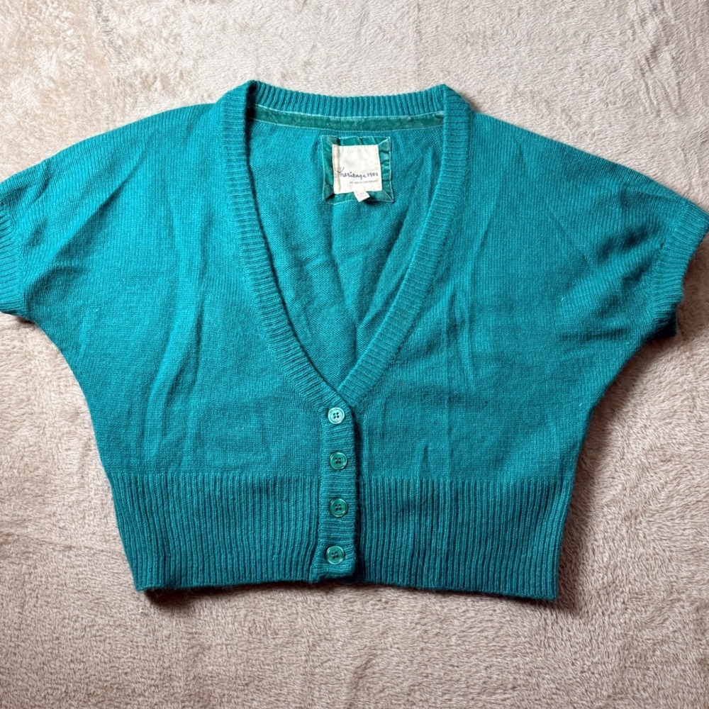 Heritage 1981 Teal/Green Cropped Short Sleeve Angora Blend Cardigan Large Bolero